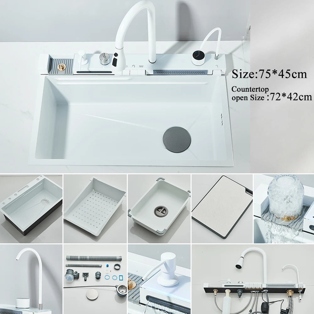 304 Stainless Steel Waterfall Kitchen Sink Large Single Slot Integrated Digital Display Faucet Set Soap Dispenser Cup Washer