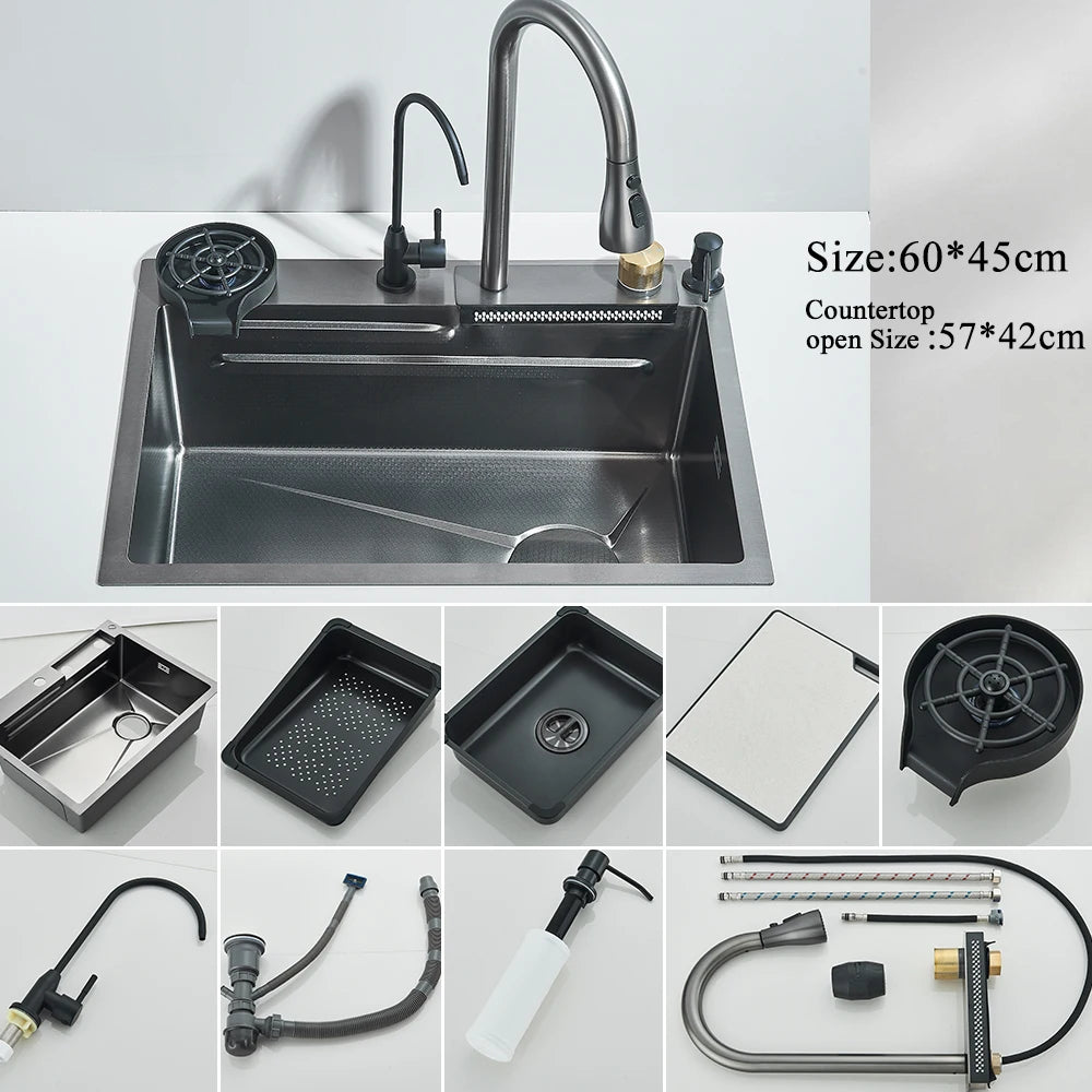 304 Stainless Steel Waterfall Kitchen Sink Large Single Slot Integrated Digital Display Faucet Set Soap Dispenser Cup Washer