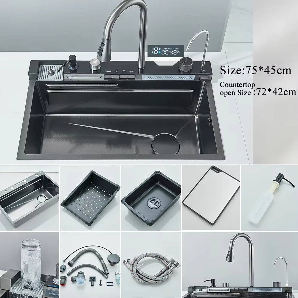 304 Stainless Steel Waterfall Kitchen Sink Large Single Slot Integrated Digital Display Faucet Set Soap Dispenser Cup Washer