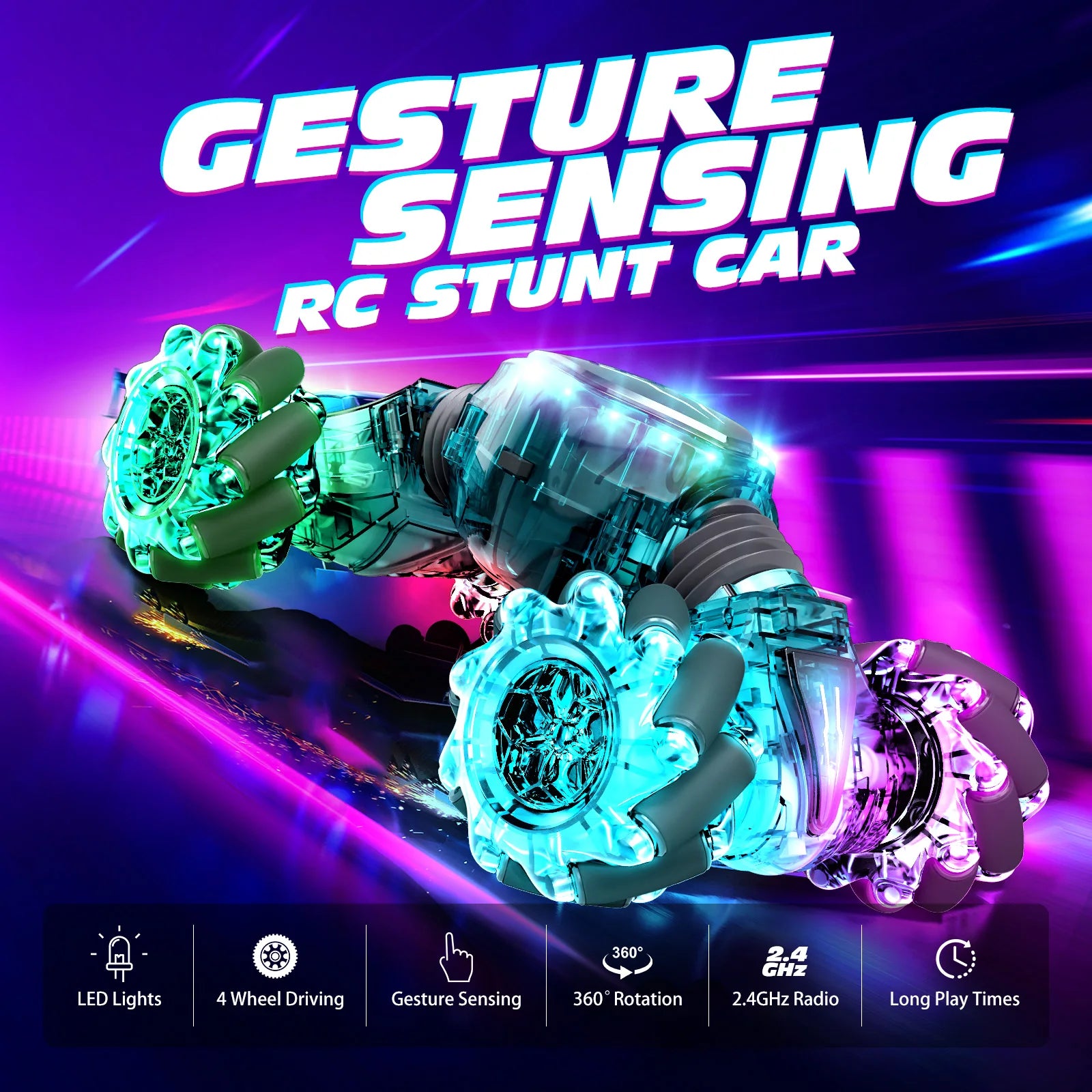 Experience Thrilling Adventures with the Remote Control Cars - 2.4Ghz 4WD Gesture Sensing RC Stunt Car, 360° Rotating Dual-Sided Fun with Dazzling Lights!