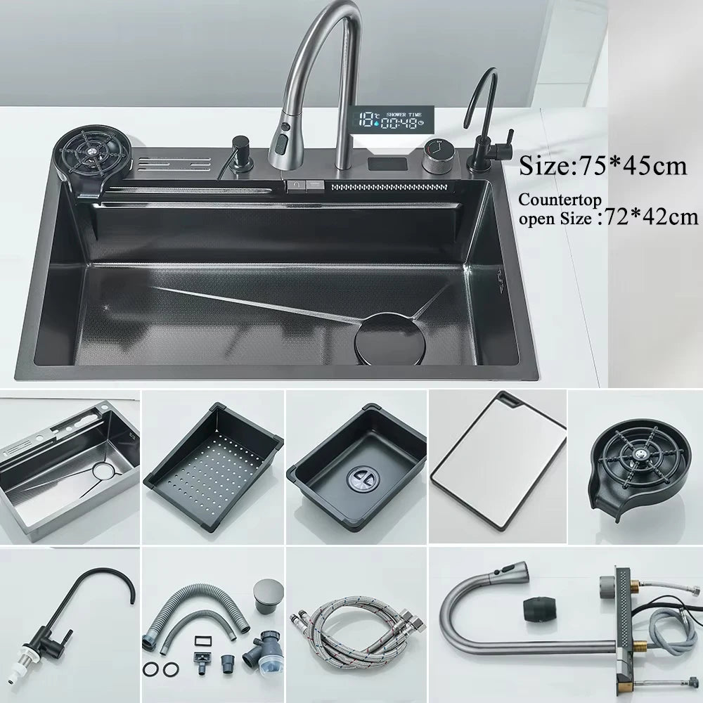 304 Stainless Steel Waterfall Kitchen Sink Large Single Slot Integrated Digital Display Faucet Set Soap Dispenser Cup Washer