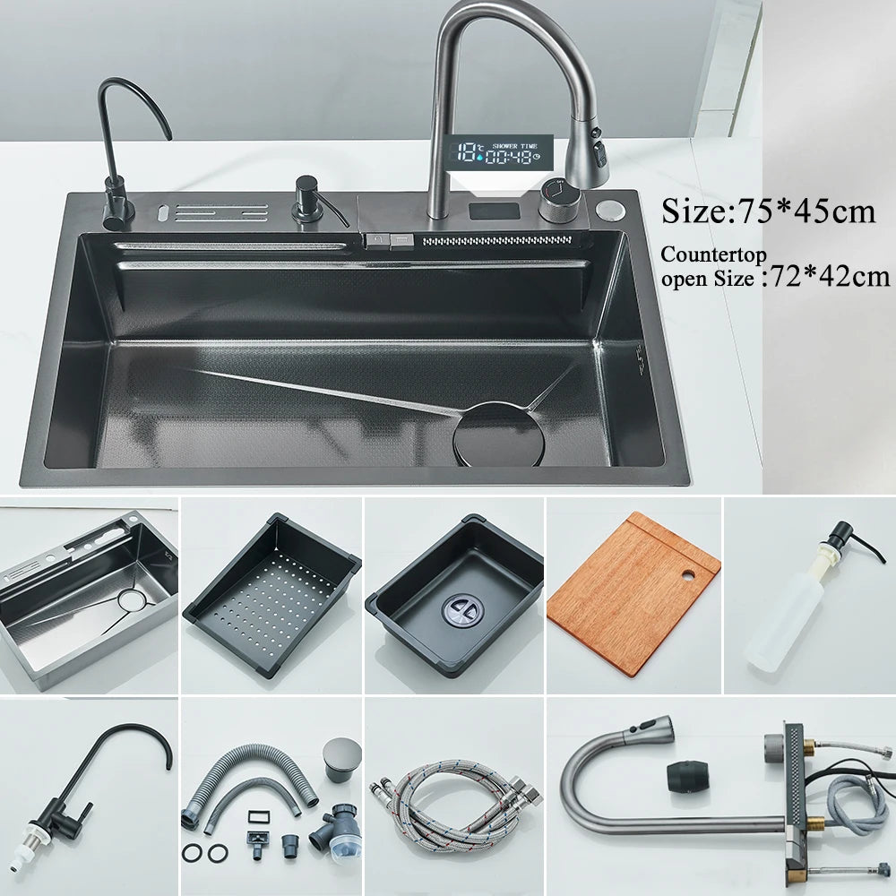 304 Stainless Steel Waterfall Kitchen Sink Large Single Slot Integrated Digital Display Faucet Set Soap Dispenser Cup Washer