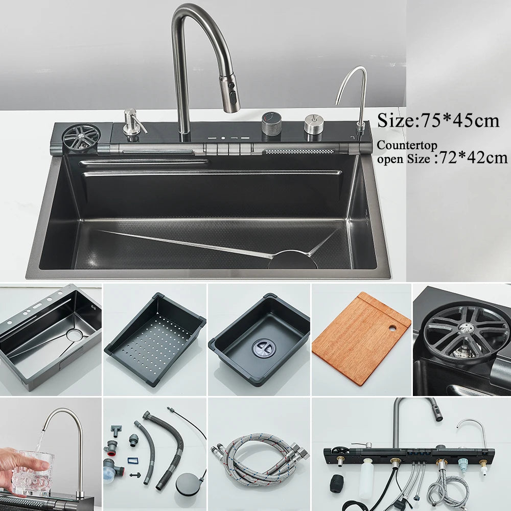 304 Stainless Steel Waterfall Kitchen Sink Large Single Slot Integrated Digital Display Faucet Set Soap Dispenser Cup Washer