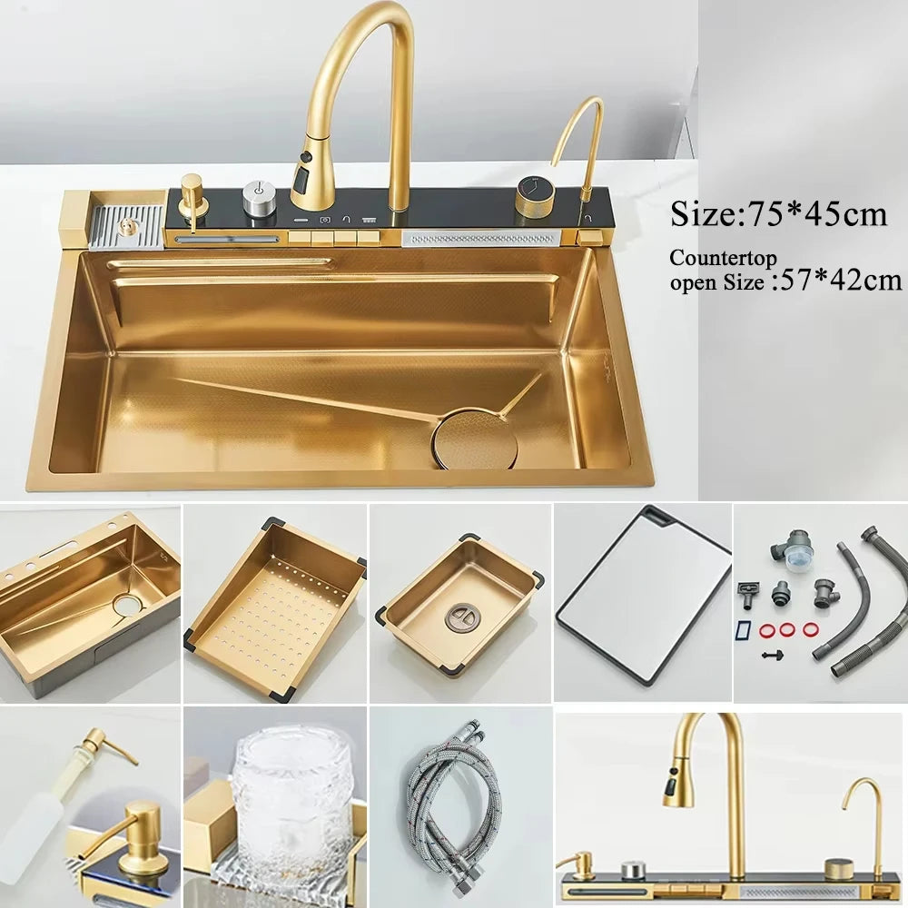 304 Stainless Steel Waterfall Kitchen Sink Large Single Slot Integrated Digital Display Faucet Set Soap Dispenser Cup Washer