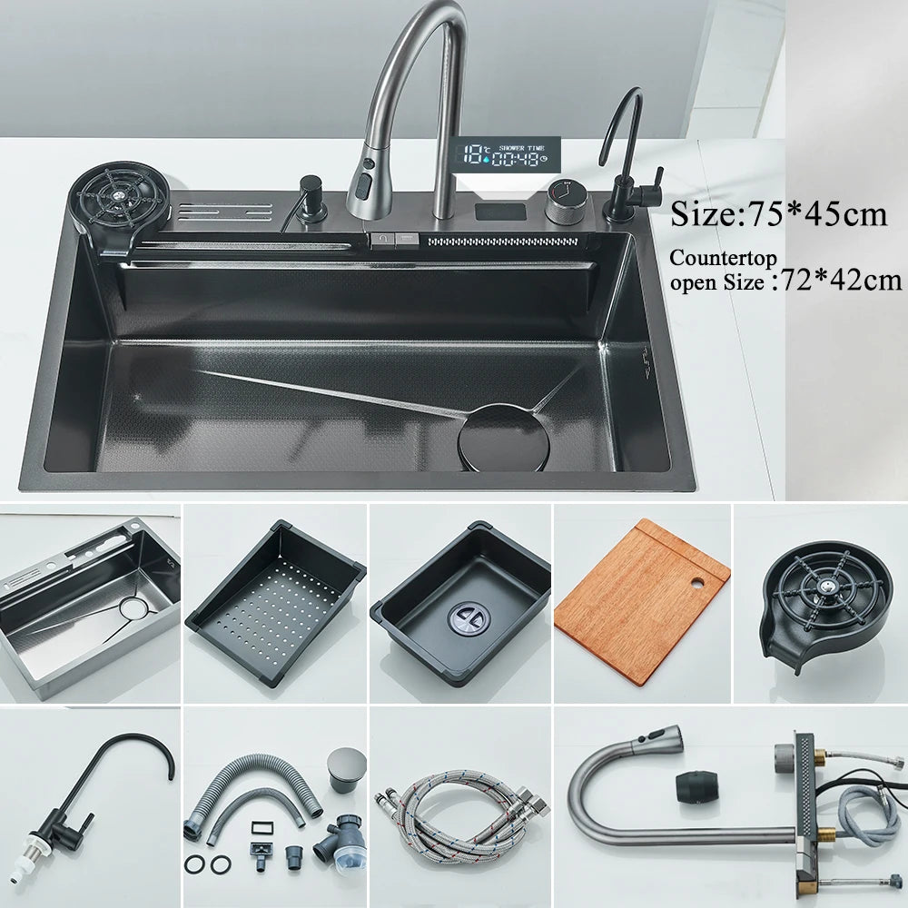 304 Stainless Steel Waterfall Kitchen Sink Large Single Slot Integrated Digital Display Faucet Set Soap Dispenser Cup Washer