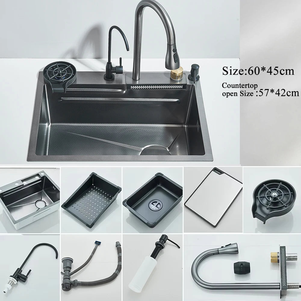 304 Stainless Steel Waterfall Kitchen Sink Large Single Slot Integrated Digital Display Faucet Set Soap Dispenser Cup Washer