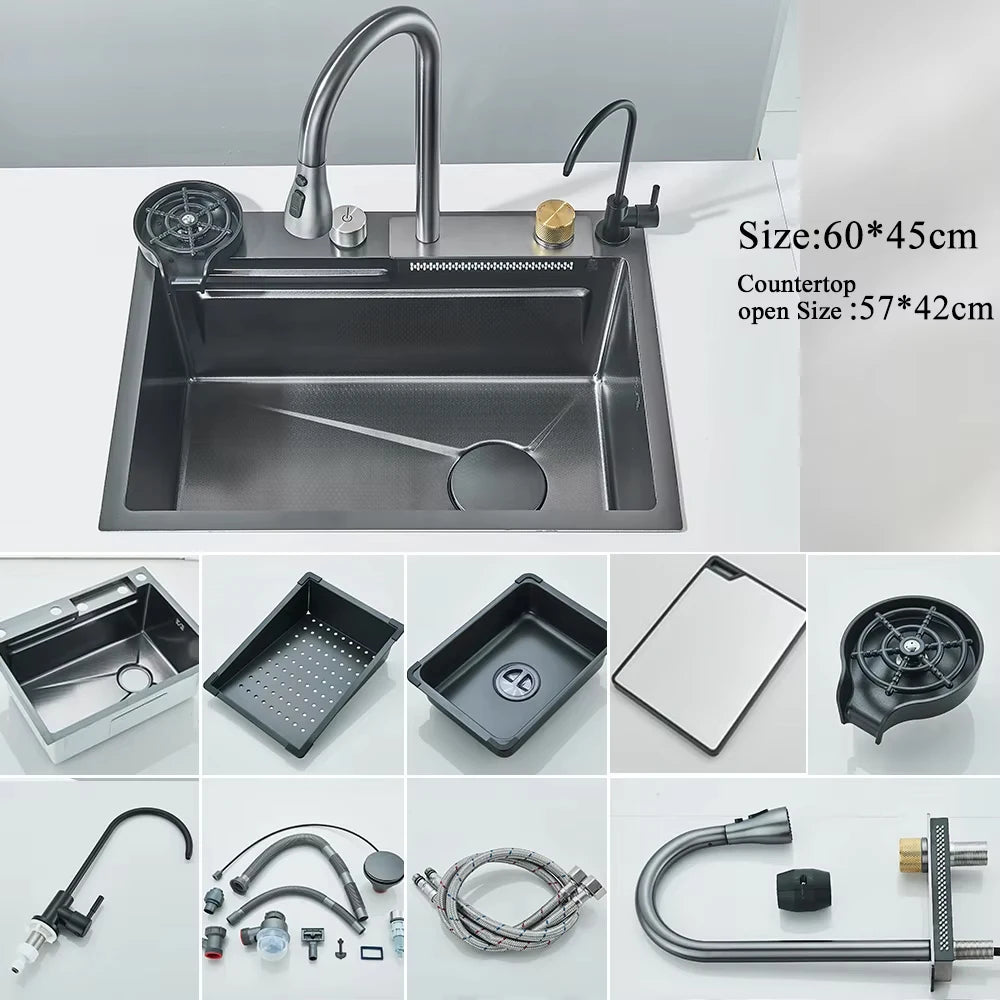 304 Stainless Steel Waterfall Kitchen Sink Large Single Slot Integrated Digital Display Faucet Set Soap Dispenser Cup Washer