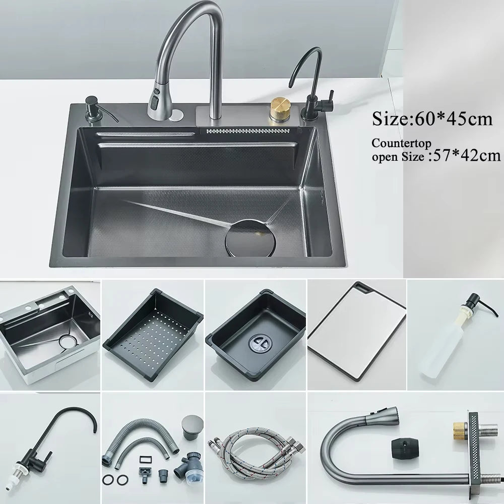 304 Stainless Steel Waterfall Kitchen Sink Large Single Slot Integrated Digital Display Faucet Set Soap Dispenser Cup Washer