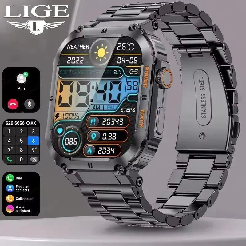 LIGE Men's Outdoor Sports Smartwatch - 1.96" High-Resolution Display, Bluetooth Calling, Waterproof Fitness Tracker with Blood Oxygen Monitoring