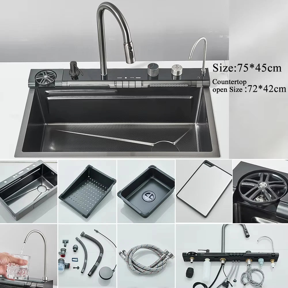 304 Stainless Steel Waterfall Kitchen Sink Large Single Slot Integrated Digital Display Faucet Set Soap Dispenser Cup Washer