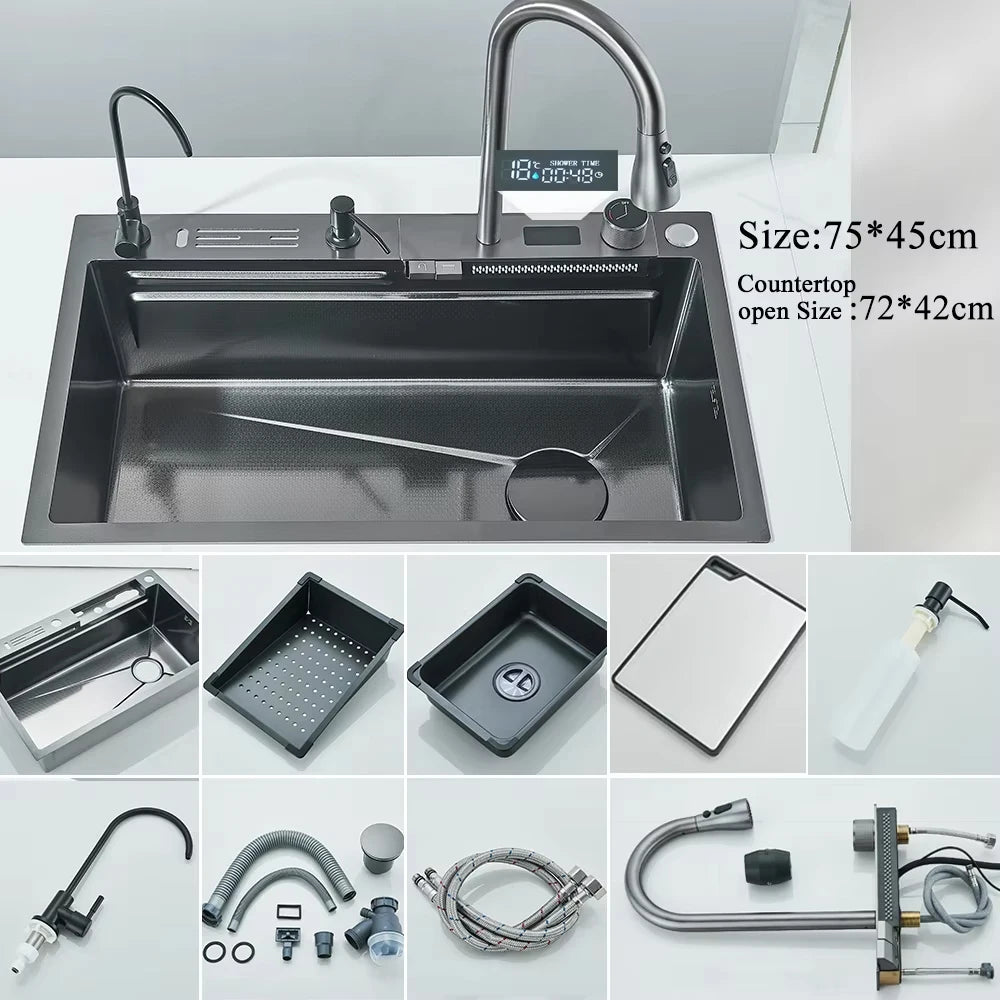 304 Stainless Steel Waterfall Kitchen Sink Large Single Slot Integrated Digital Display Faucet Set Soap Dispenser Cup Washer