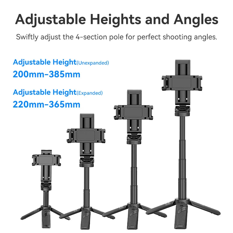 JJ02 Mini Tripod with Remote - Versatile 3-In-1 Selfie Stick for Horizontal and Vertical Shooting with Cold Shoe Mounts